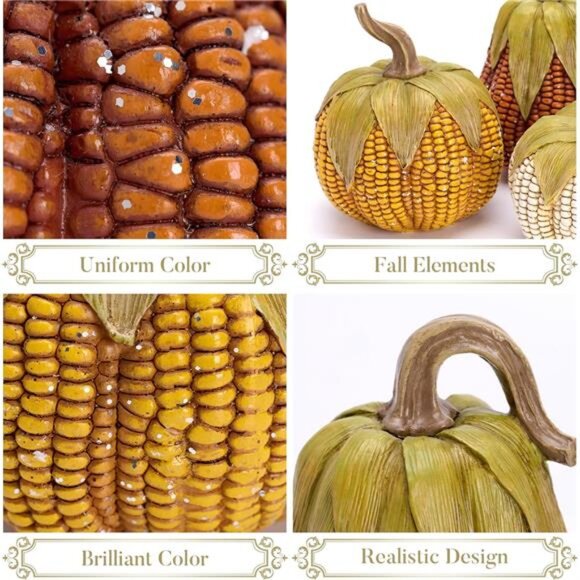 Pumpkins Fall Table Decor, Set of 3 Corn Resin Figurines for Autumn Centerpieces - Picture 5 of 7